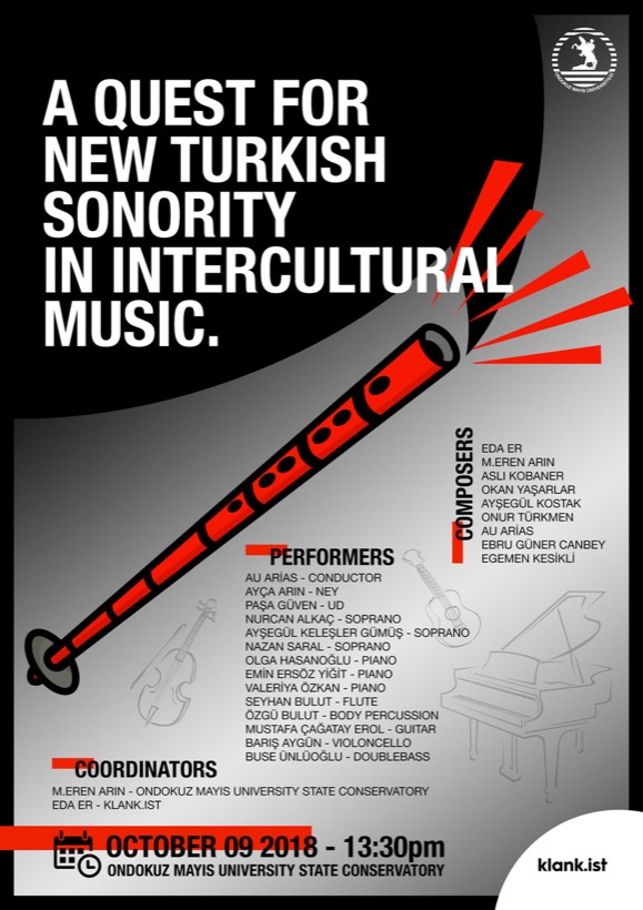 Poster for A Quest for New Turkish Sonority in Intercultural Music, with a red ney on a black field.